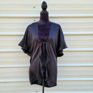 VICTORIA'S SECRET BLACK SATIN SILKY "LOVE" SEXY KIMONO SHORT ROBE LINGERIE OS